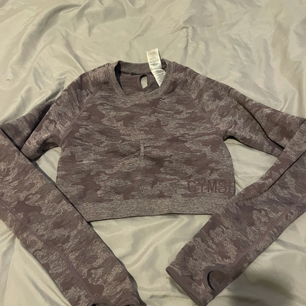 Gymshark purple camo crop top with designs